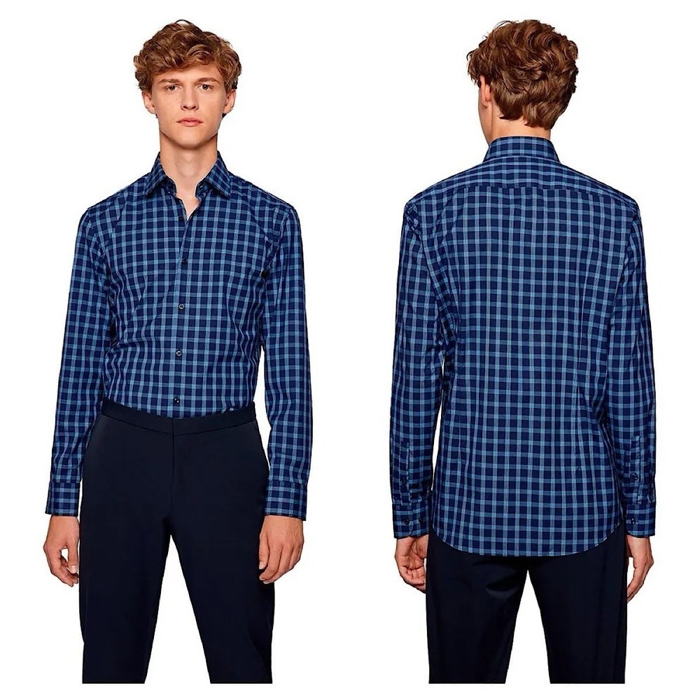 Hugo Boss Slim Fit Easy Iron Shirt Mens Sz M Blue Plaid Long Sleeve